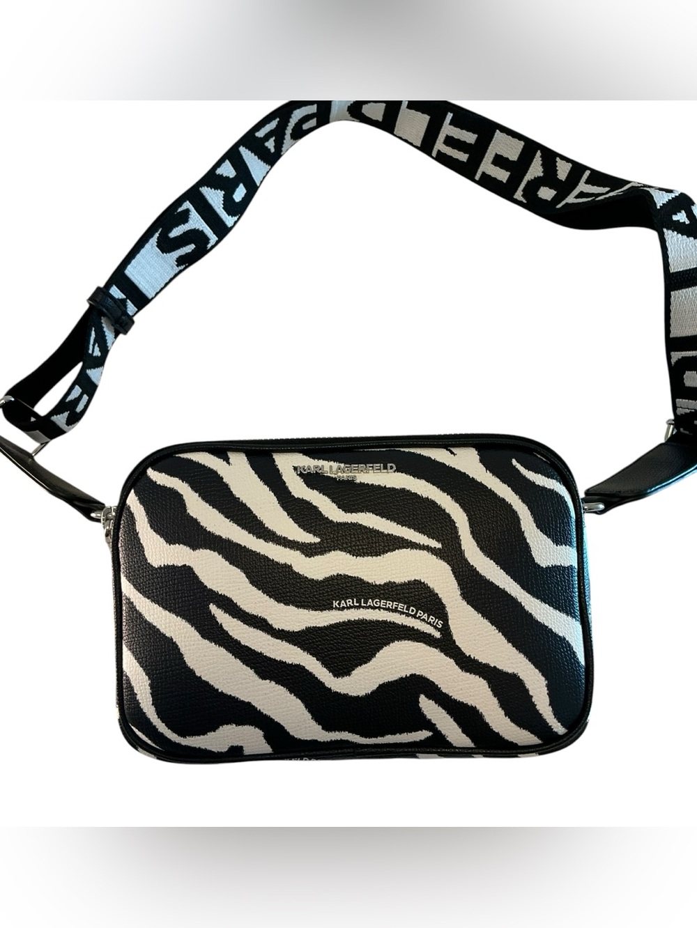 Karl Lagerfeld Paris Maybelle Crossbody Bag Logo Strap ZEBRA Black & White